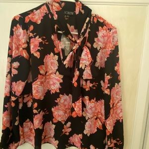 J Crew black and pink floral bow blouse